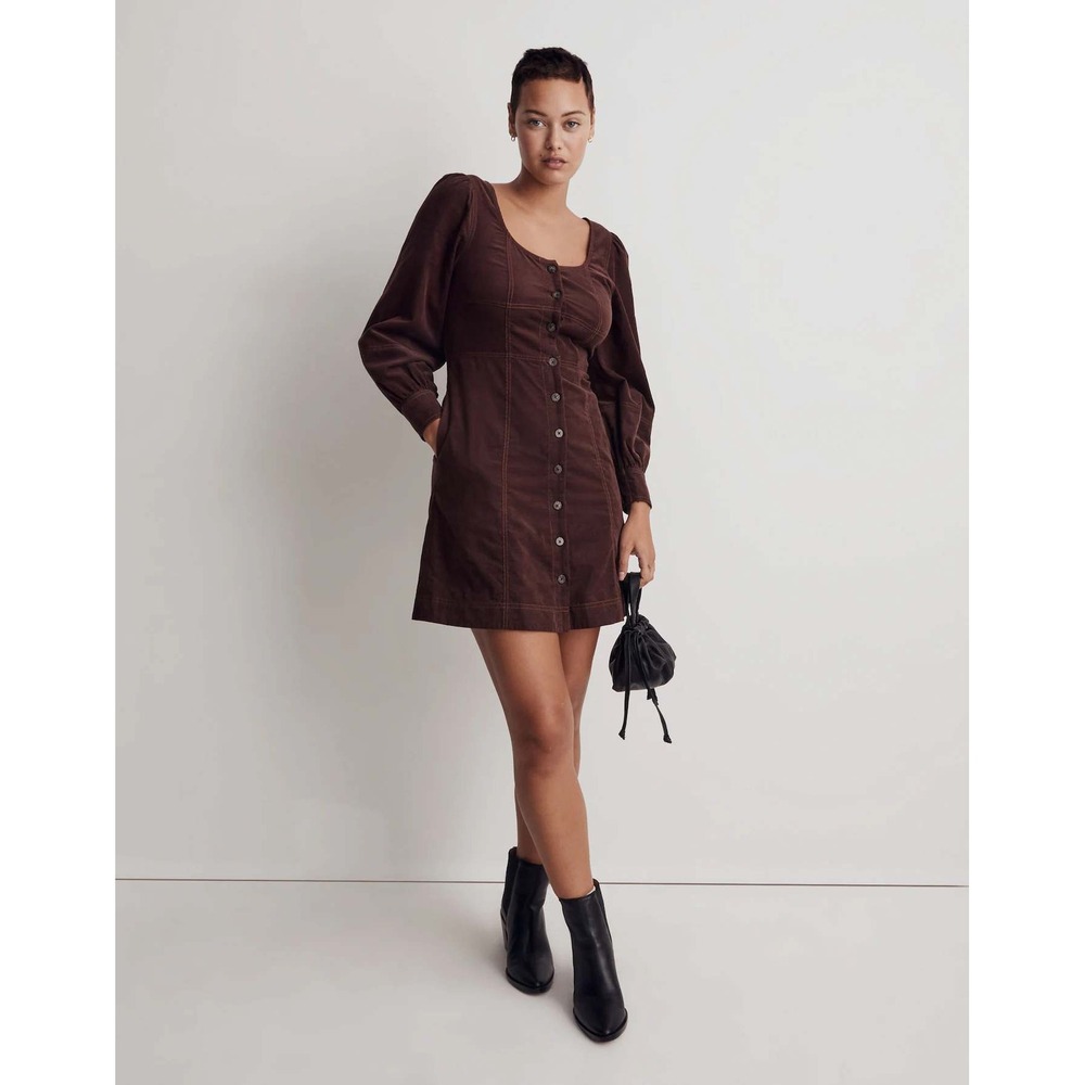 Madewell Corduroy Seamed Long-Sleeve Mini Dress Chocolate Raisin Brown 0